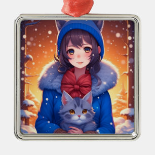 Ornamento De Metal Anime Girl e Kitten Winter Christmas