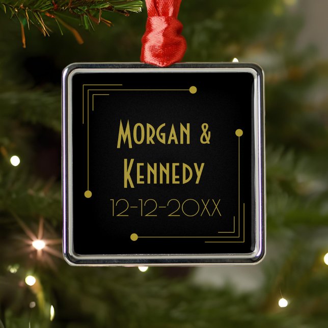 Ornamento De Metal Aniversário de Casamento da Arte Deco da Elegante (Add your name and wedding date to this Art Deco inspired metal ornament)