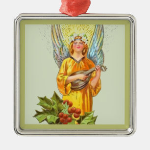 Ornamento De Metal Anjo Com Azevinho E Bandolim 