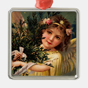 Ornamento De Metal Anjo com um Braçado de Verde de Natal
