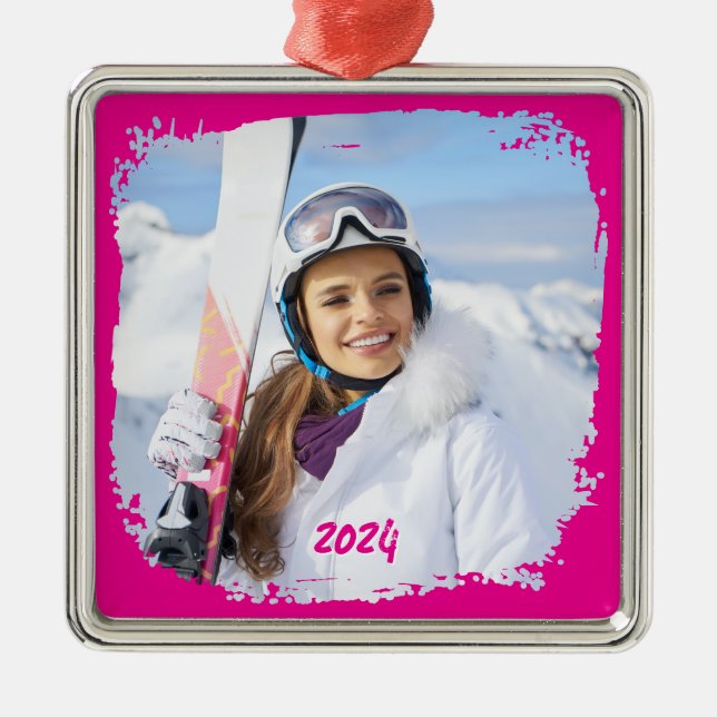 Ornamento De Metal Ano de Foto da Fronteira de Grunge Moderna Rosa-Qu (Frente)