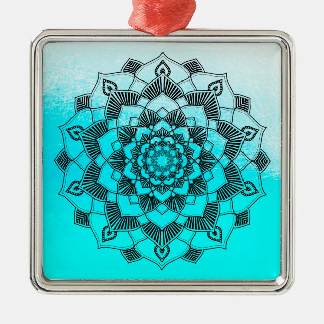 Ornamento De Metal Aqua Blue Mandala Abstrato Belo Natal (Frente)