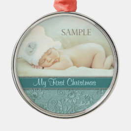 Ornamento De Metal Aqua Floral Swirl Baby Primeiro Natal