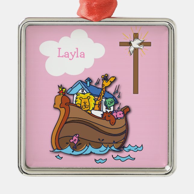 Ornamento De Metal Arca de Noé Baptismo Personalizável, Menina Rosa (Frente)