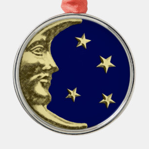Ornamento De Metal Art Deco Moon and Stars - Azul Marinho e Dourado