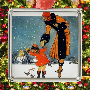 Ornamento De Metal Arte Deco Vintage de Inverno Mãe e Filho na Neve