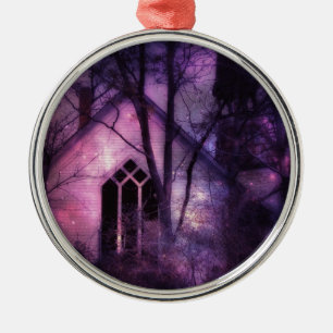 Ornamento De Metal Arte Digital Purple Night Sky, Igreja Abandonada