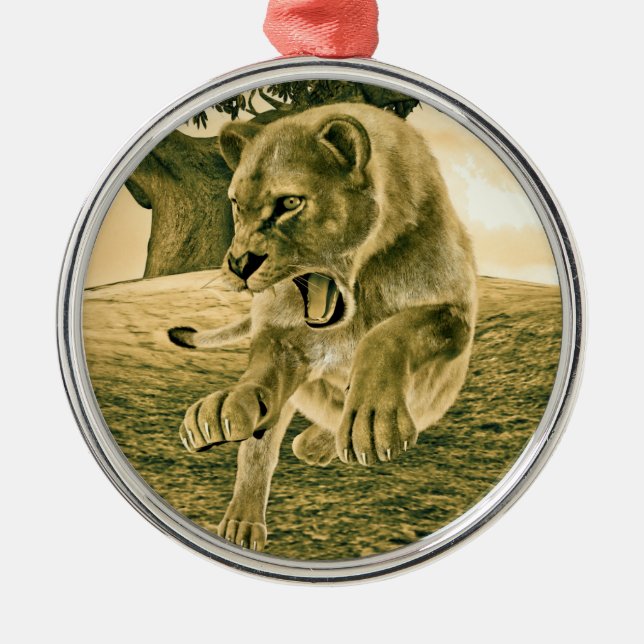 Ornamento De Metal Arte Dramática de Leoa em Safari de Vida Selvagem (Frente)