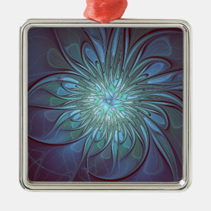 Ornamento De Metal Arte Fractal de Flor Azul Moderno, Abstrato Trendy