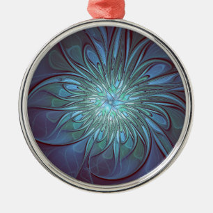 Ornamento De Metal Arte Fractal de Flor Azul Moderno, Abstrato Trendy