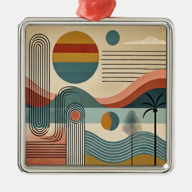Ornamento De Metal Arte Moderna de Meados do Século Pôr do Sol na Pra (Frente)