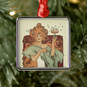 Ornamento De Metal Arte Nova Antiga, Champanhe por Alphonse Mucha
