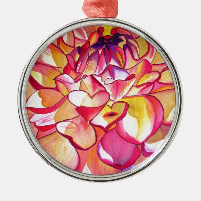 Ornamento De Metal arte refinada em aquarela de flor de dália rosa (Frente)