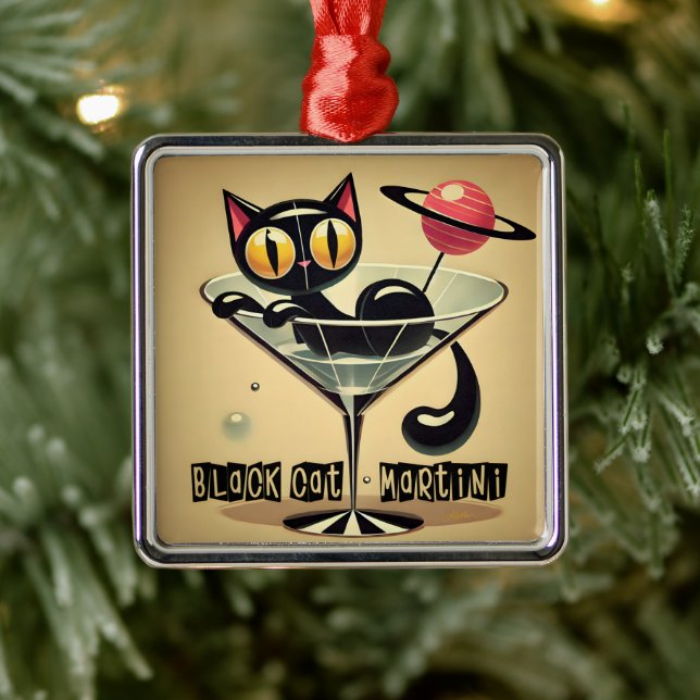 Ornamento De Metal Atomic Futuristic Space Age Black Cat Martini (Árvore)