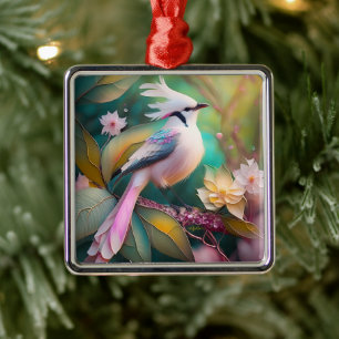 Ornamento De Metal Ave de Fantasia Jay com Crista Branca e Cauda Rosa
