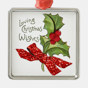 Ornamento De Metal Azevinho Vintage de Natal com Laço 'Glitter'