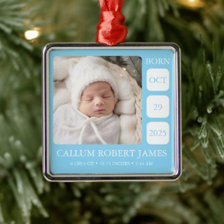 Ornamento De Metal Baby Blue Boy Birth Stats Metal Photo Ornament