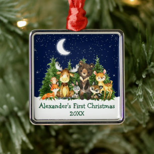 Ornamento De Metal Baby First Christmas Watercolor Forest Animais
