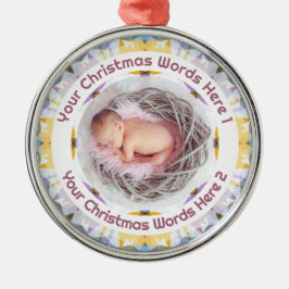 Ornamento De Metal Baby First Christmas Yellow Purple Photo Keepsake