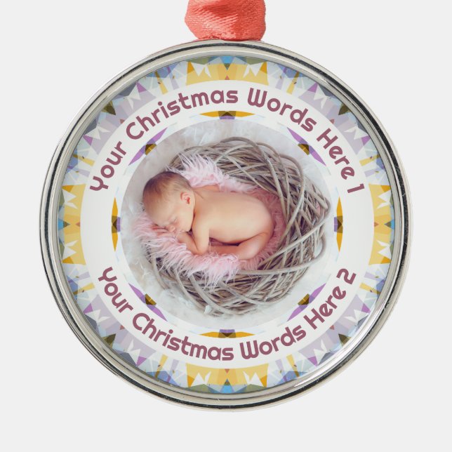 Ornamento De Metal Baby First Christmas Yellow Purple Photo Keepsake (Frente)
