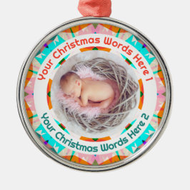 Ornamento De Metal Baby’s First Christmas Orange Blue Pink Photo Gift