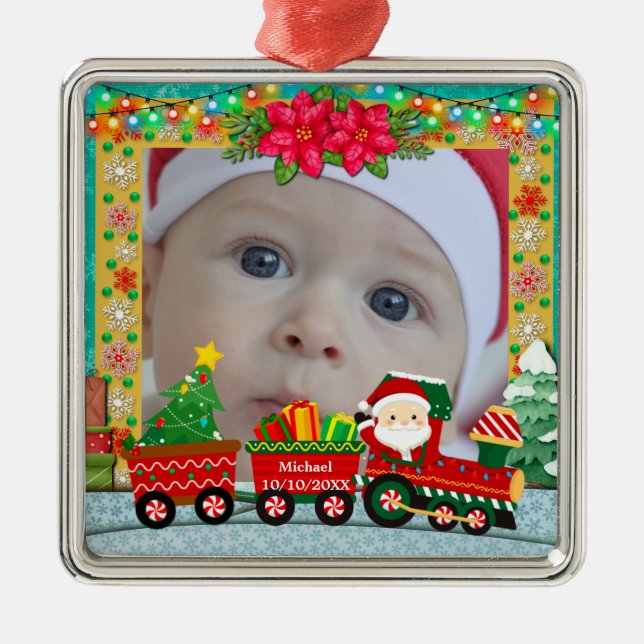 Ornamento De Metal Baby's First Christmas Custom Name Photo Keepsake (Frente)