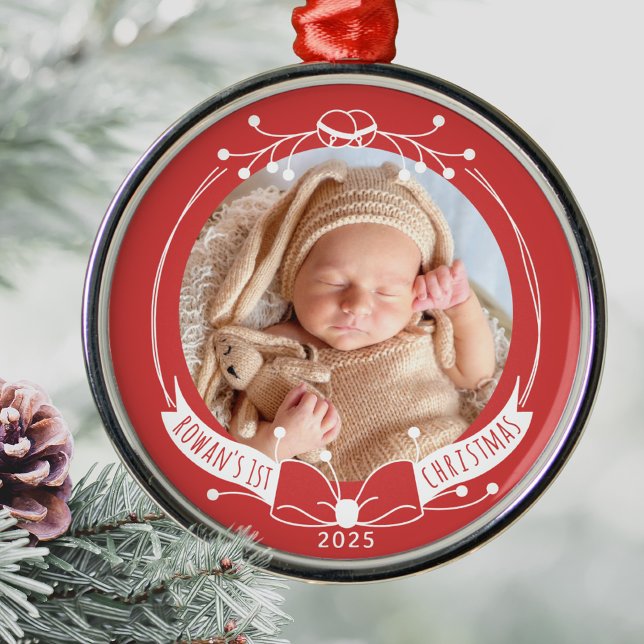 Ornamento De Metal Baby's First Christmas Custom Name Year Photo (Baby's First Christmas Photo Ornament, Personalized Name Year, Minimalist Line Art Custom Keepsake)