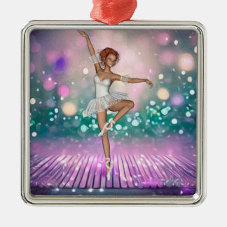 Ornamento De Metal Ballerina no Piso Roxo e Fundo Teal