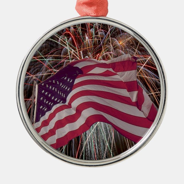 Ornamento De Metal Bandeira Americana e Fireworks (Frente)