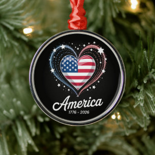 Ornamento De Metal Bandeira Coração 1776 2026 4 de julho 250º Anivers