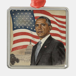 Ornamento De Metal Barack Obama em frente à bandeira americana e ao C