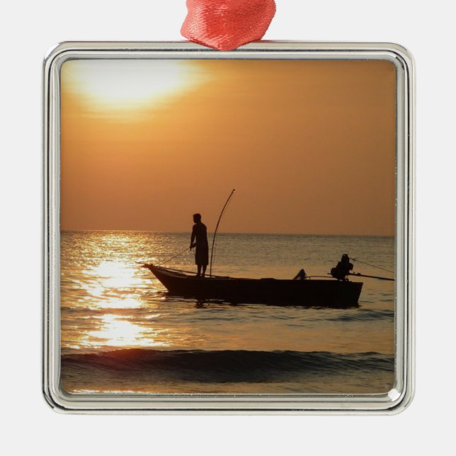 Ornamento De Metal Barco de Pesca ao Sunset (Frente)