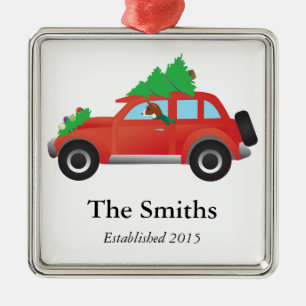 Ornamento De Metal Basenji hound dog que dirige carro com árvore de N