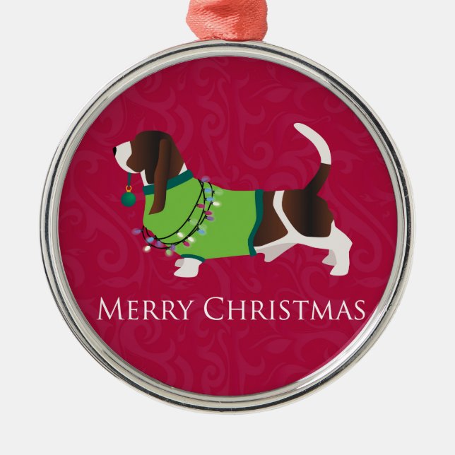 Ornamento De Metal Basset Hound Felry Design de Natal (Frente)