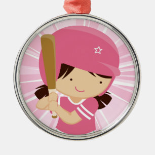 Ornamento De Metal Batedor de Softball em Rosa e Branco