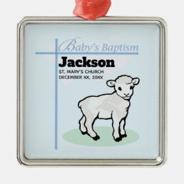 Ornamento De Metal Batismo Blue Boy Lamb, Personalizável