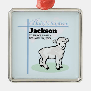 Ornamento De Metal Batismo Blue Boy Lamb, Personalizável