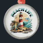 Ornamento De Metal Beach Life<br><div class="desc">Enfeites de natal temático da praia. Ilustração de uma cena de praia com farol,  pranchas,  palmeiras e golfinhos.</div>