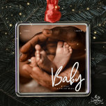 Ornamento De Metal Bebê Primeiro Natal Foto Chic Moderna Elegante<br><div class="desc">Design é composto por tipografia quic moderna com sans serif e serif font. Adicione uma foto personalizada de bebê e ano.</div>
