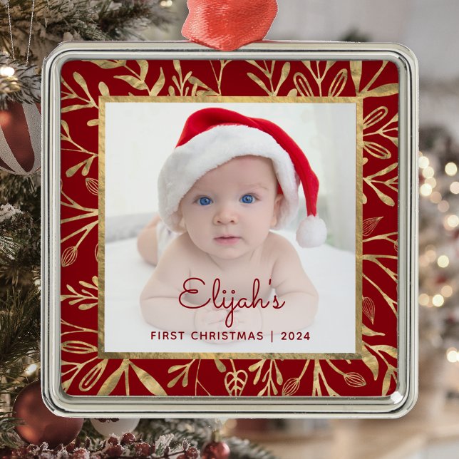 Ornamento De Metal Bebês 1rua Foto de Natal Folhagem Dourada Burgundy (Criador carregado)