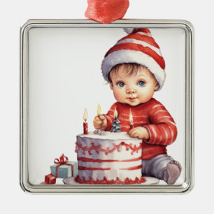 ORNAMENTO DE METAL BEBÊS CUTÂNEO VESTIDO DE VERMELHO COM BOLO