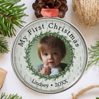 Ornamento De Metal Bebês personalizados de fotos no primeiro Natal