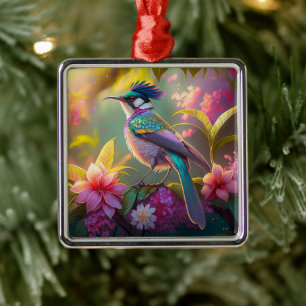 Ornamento De Metal Beija-flor Fantasia com Asas de Arco-íris e Crista