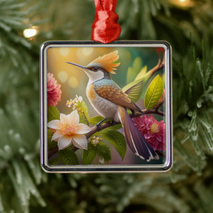 Ornamento De Metal Beija-flor Fantasia com Crista Dourada