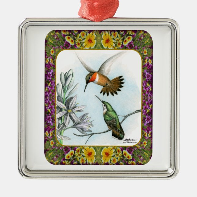 Ornamento De Metal Beija-flores e Flores #2 (Frente)