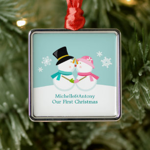 Ornamento De Metal Beijando o Natal de Snowmen