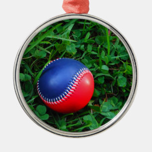 Ornamento De Metal Beisebol Vermelho e Azul com Pintura Branca