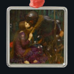 Ornamento De Metal Bela Senhora Sem Pena<br><div class="desc">Este design apresenta uma pintura do artista inglês Pre-Raphaelite John William Waterhouse (1849-1917). Mostra uma mulher atraente numa floresta medieval. Há um cavaleiro na armadura ajoelhado ao seu lado. Ela está enrolando seu longo cabelo castanho em volta do pescoço, aproximando-o dela, como parece amorosamente em seus olhos. Ela está vestindo...</div>