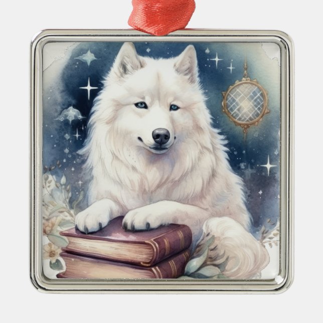 ORNAMENTO DE METAL BELO CÃO BRANCO SAMOÍDO DE FLUFFY (Frente)
