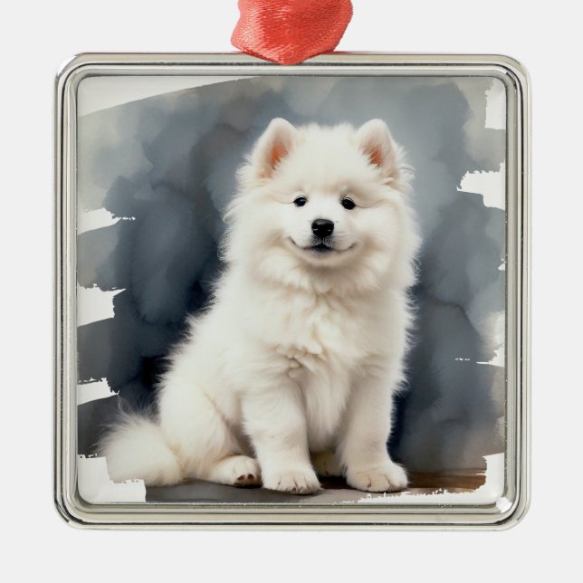 ORNAMENTO DE METAL BELO CÃO BRANCO SAMOÍDO DE FLUFFY (Frente)